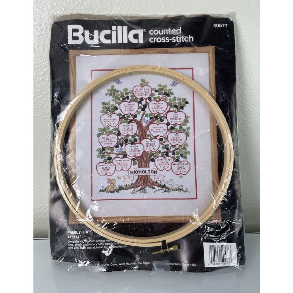 Vintage 1991 Bucilla Counted Cross-Stitch #40577 Family Tree, Partially Started